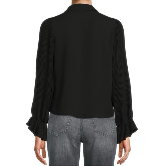 New Area Stars Pleated Puff Sleeve Button Down Blouse Lee Black Size Small - Picture 2 of 16